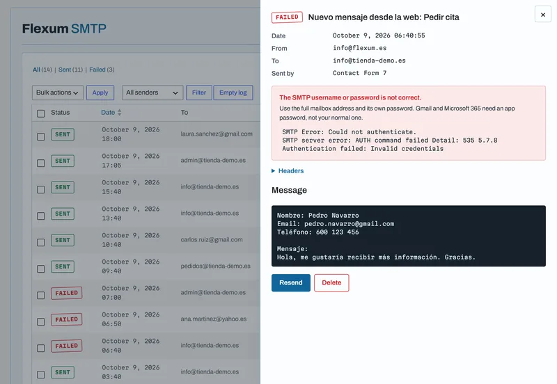 Detalle de un email fallido con la explicación del error en lenguaje claro y el contenido del mensaje