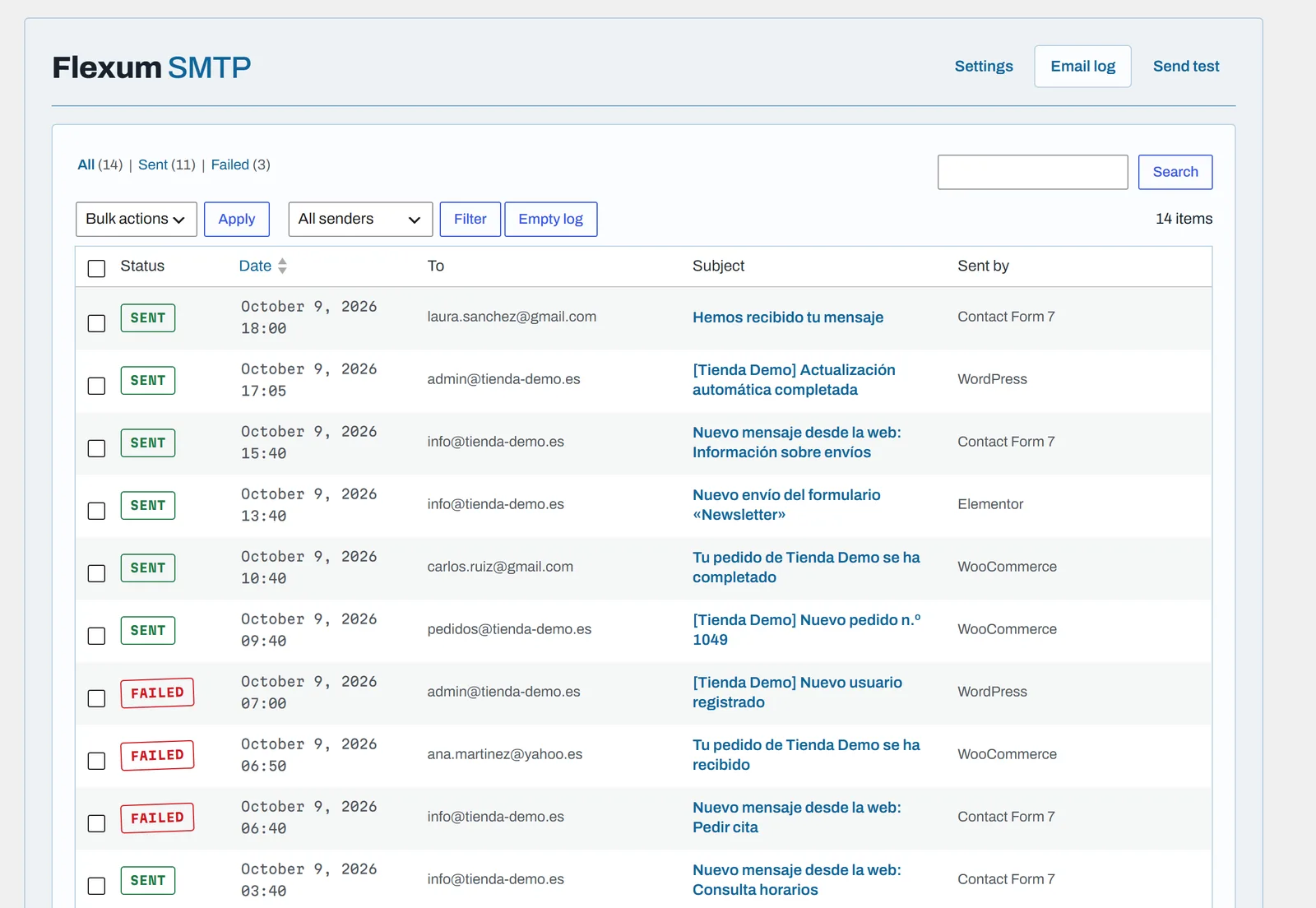 Registro de emails de Flexum SMTP con el estado, la fecha, el destinatario, el asunto y el plugin que envió cada correo